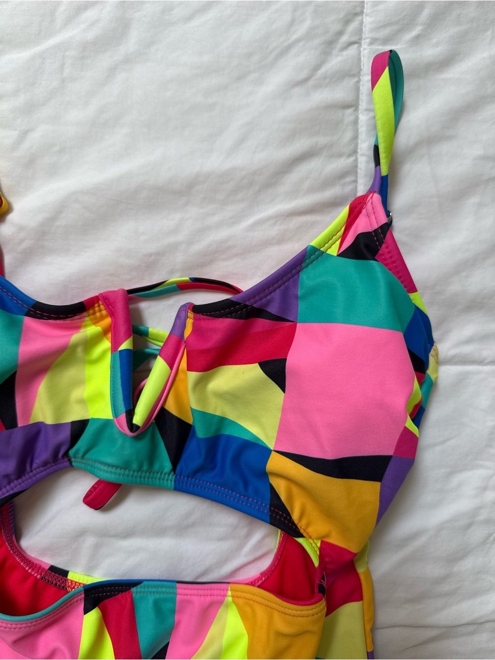 XS Geometric Print Neon Cutout One-Piece Swimsuit 80s Vibes Barbie Barbiecore